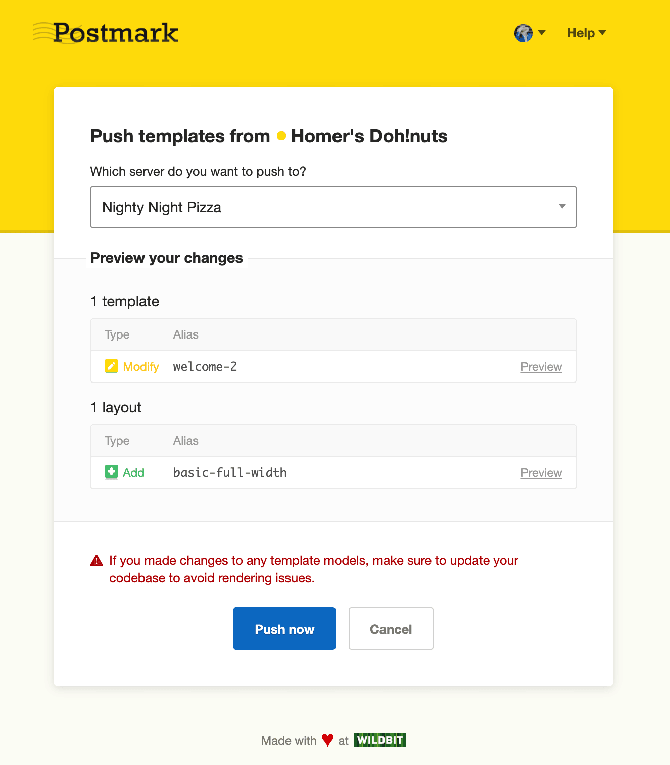 Push templates screen